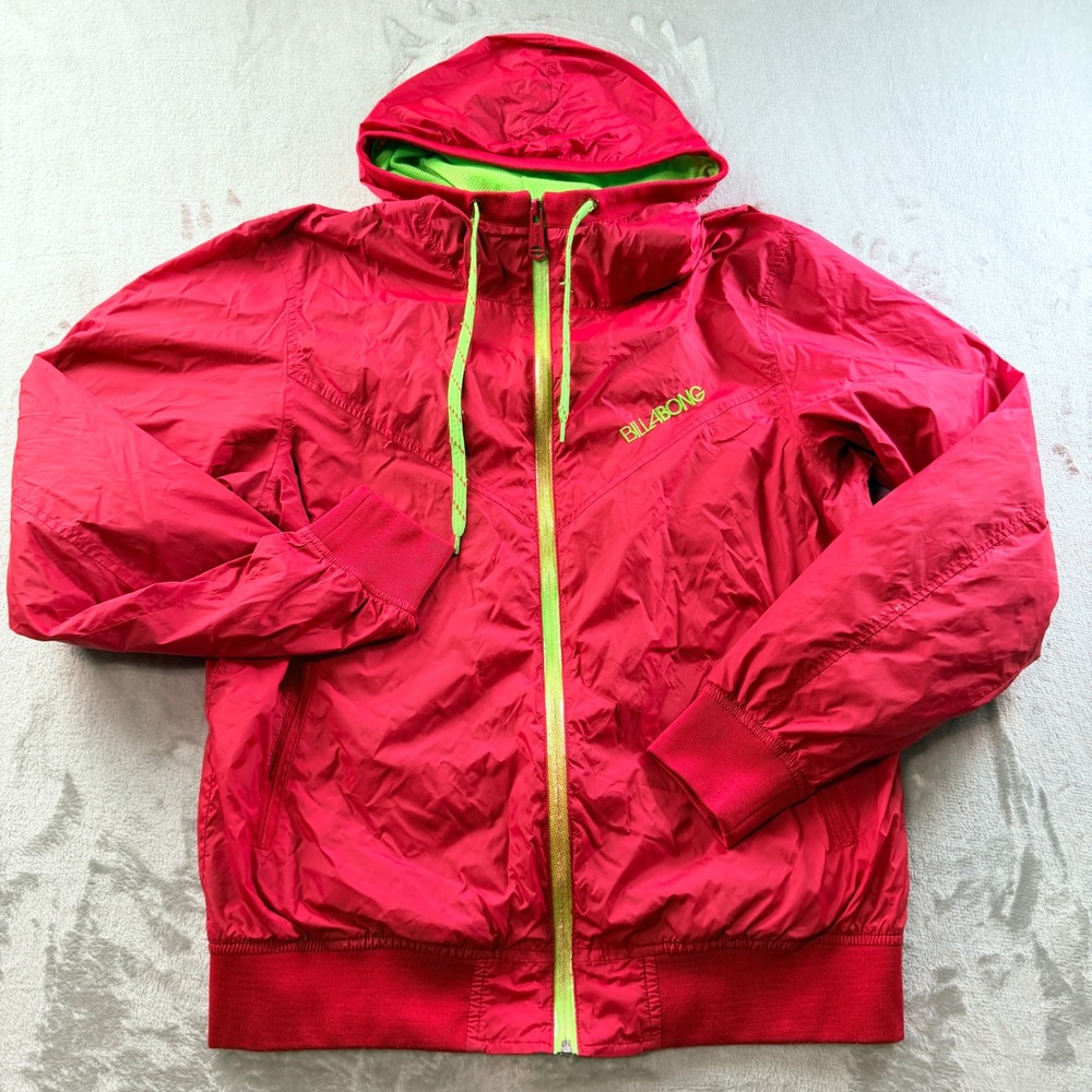 Billabong Men's Windbreaker Jacket Red Neon Green Medium Full Zip Hooded Surf